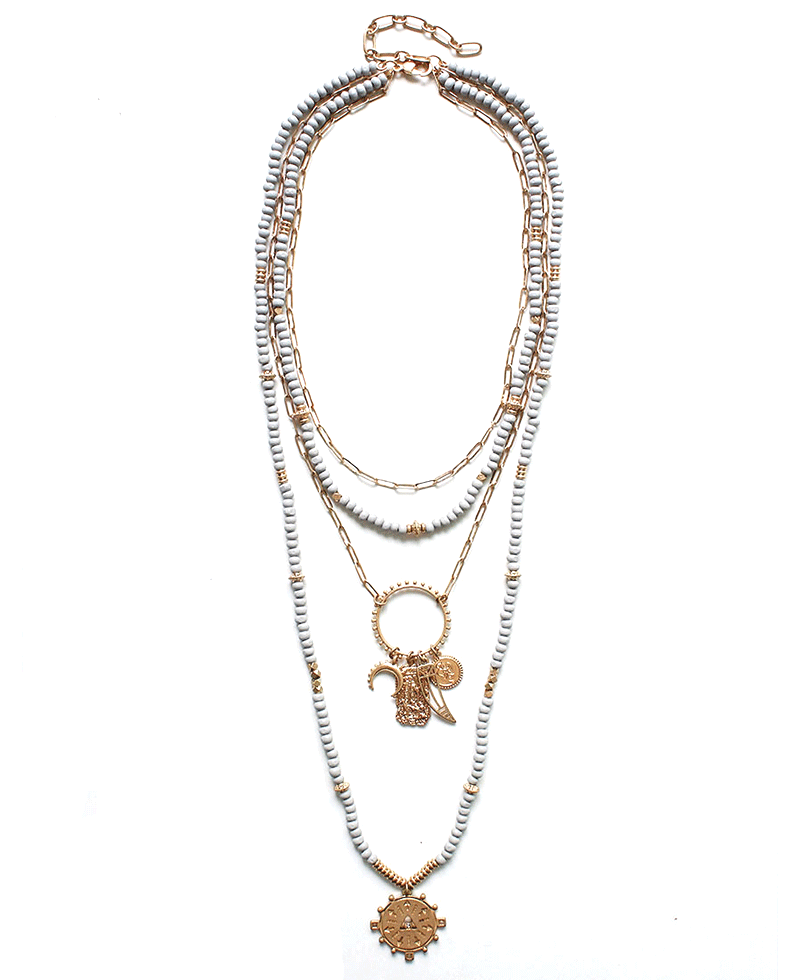 Beaded & Chain Layered w/ Multi Charm Necklace