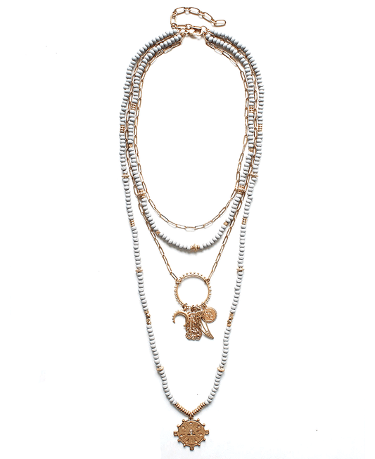 Beaded & Chain Layered w/ Multi Charm Necklace