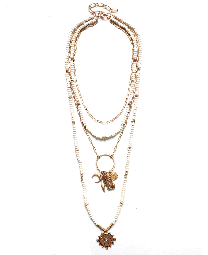 Beaded & Chain Layered w/ Multi Charm Necklace
