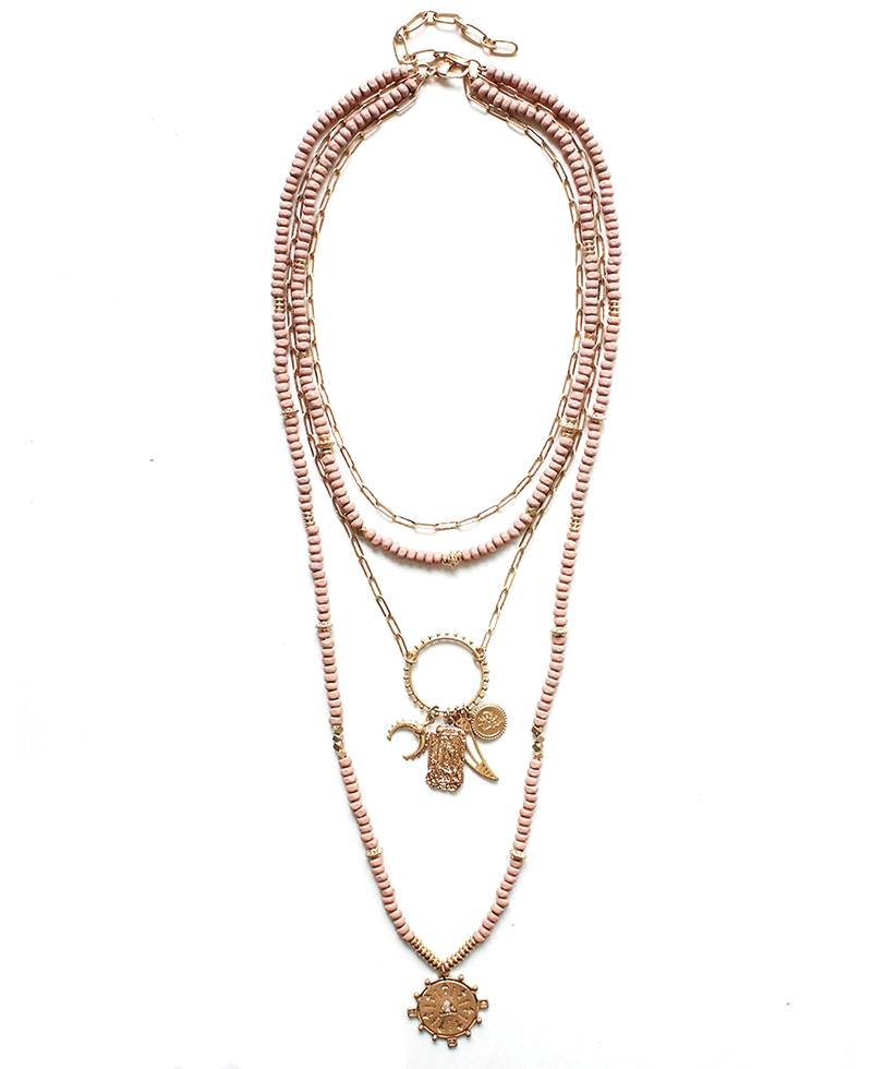 Beaded & Chain Layered w/ Multi Charm Necklace