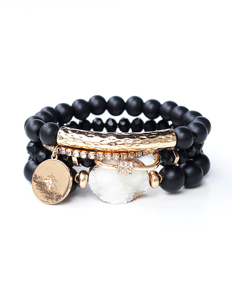 Beaded w/ Hammered Bar & Druzy Stone Bracelet