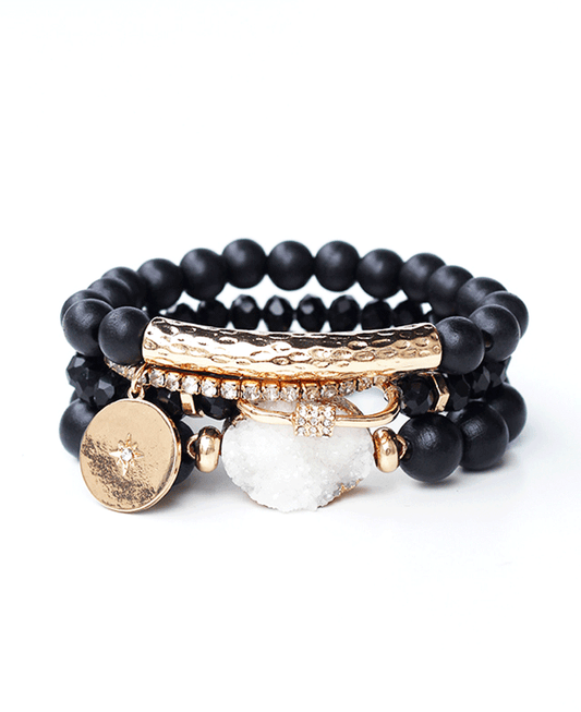 Beaded w/ Hammered Bar & Druzy Stone Bracelet