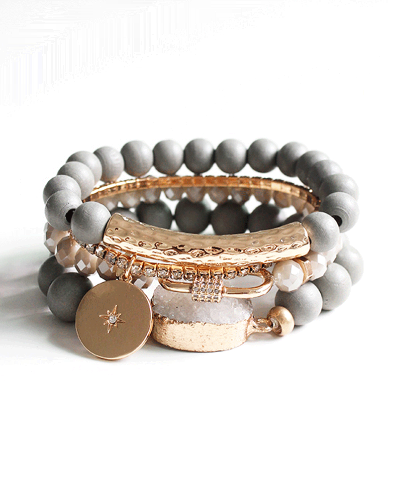 Beaded w/ Hammered Bar & Druzy Stone Bracelet