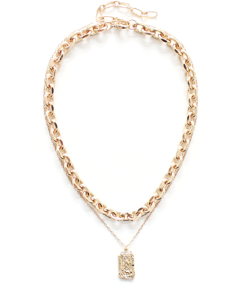 Layered Chunky Chain w/ Rectangular Pendant Necklace