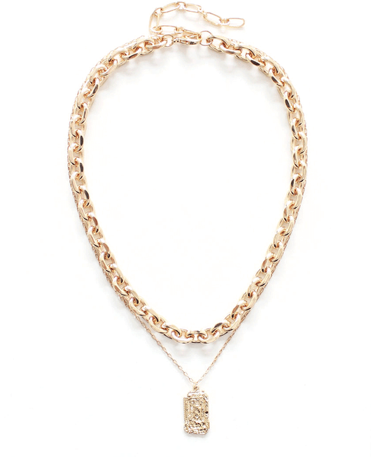 Layered Chunky Chain w/ Rectangular Pendant Necklace