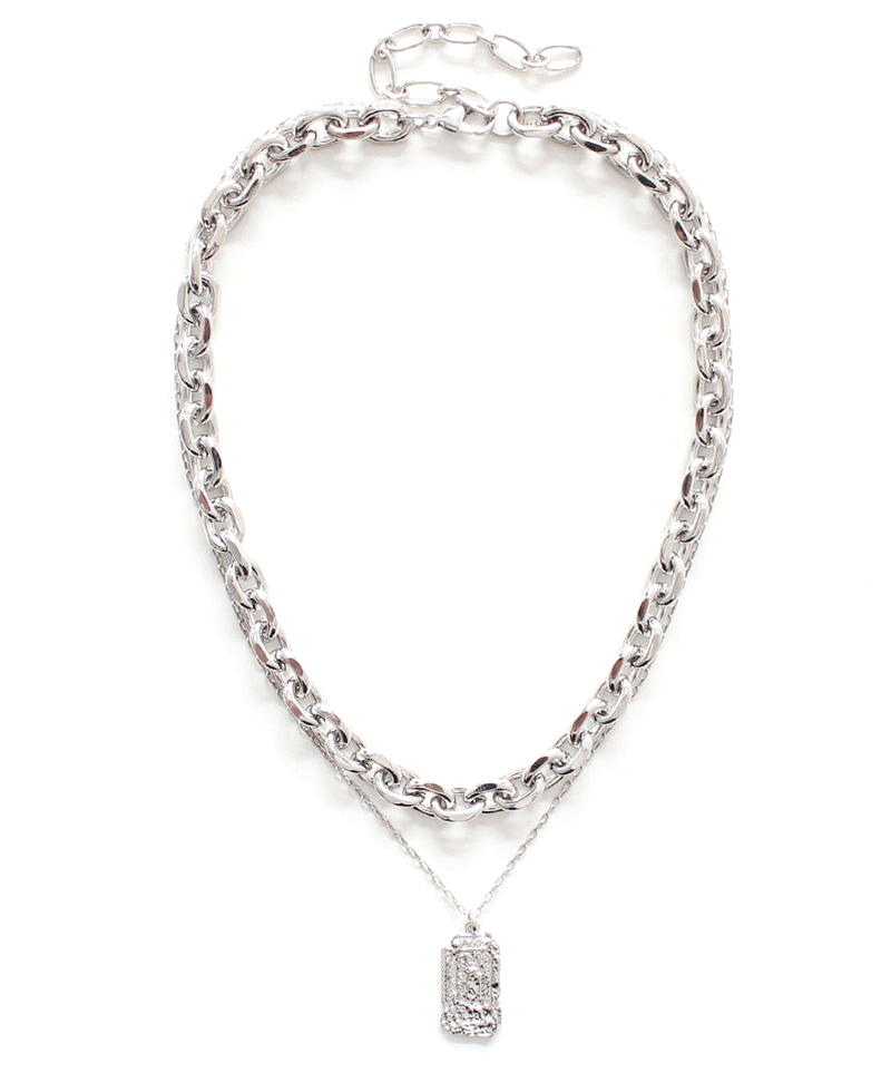 Layered Chunky Chain w/ Rectangular Pendant Necklace