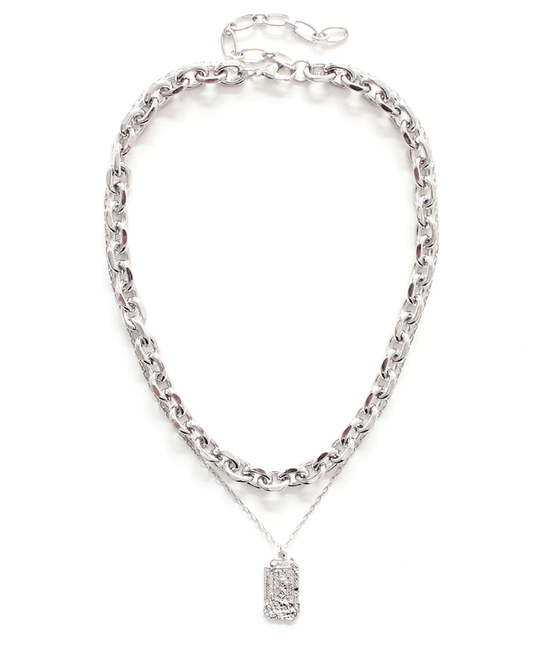 Layered Chunky Chain w/ Rectangular Pendant Necklace