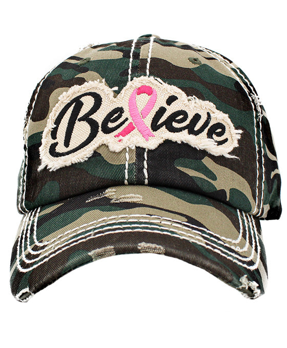 Believe Pink Ribbon Washed Vintage Ball Cap