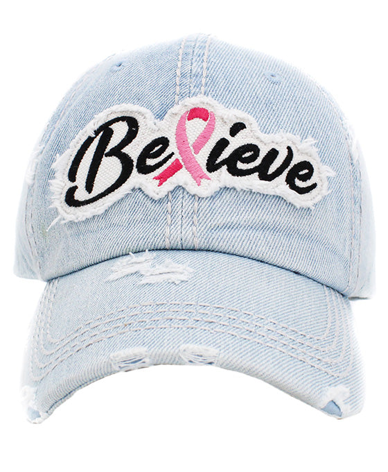 Believe Pink Ribbon Washed Vintage Ball Cap
