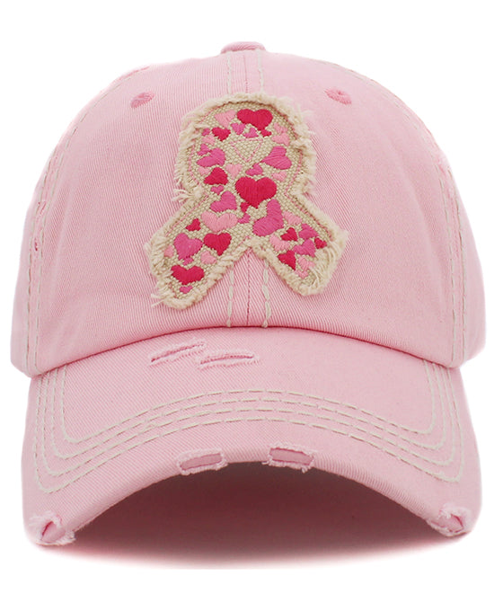 Pink Ribbon Hearts Washed Vintage Ballcap