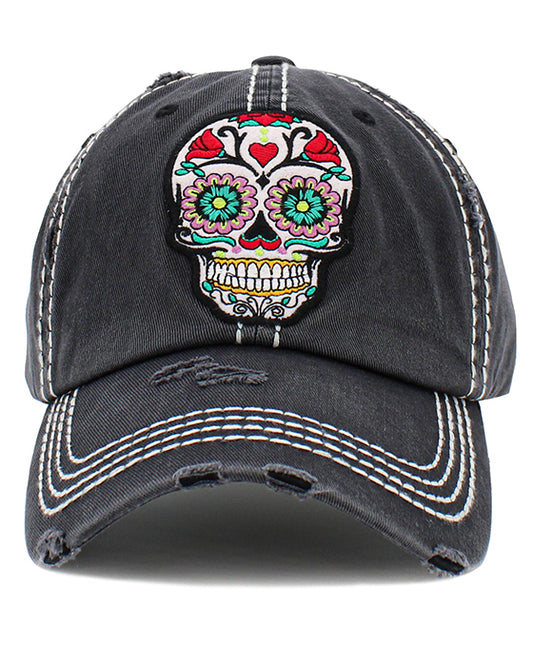 Floral Sugar Skull Washed Vintage Ball Cap