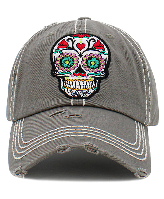 Floral Sugar Skull Washed Vintage Ball Cap