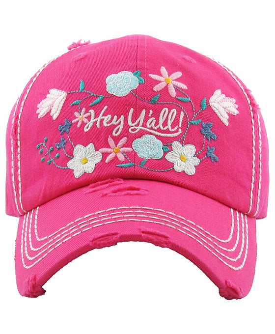 Floral Hey Y'all Washed Vintage Ball Cap