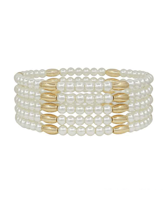 Oval CCB & 4mm Glass Pearl Stretch 5 Set Bracelet