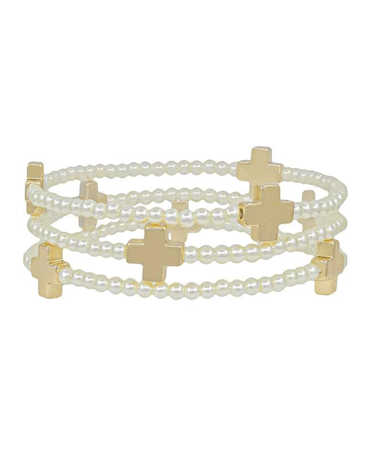 Glass Pearl w/ Cross Metal Bracelet