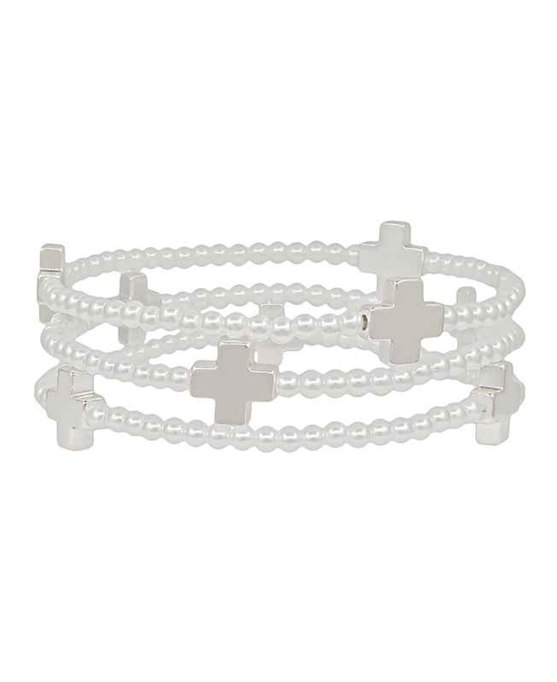 Glass Pearl w/ Cross Metal Bracelet