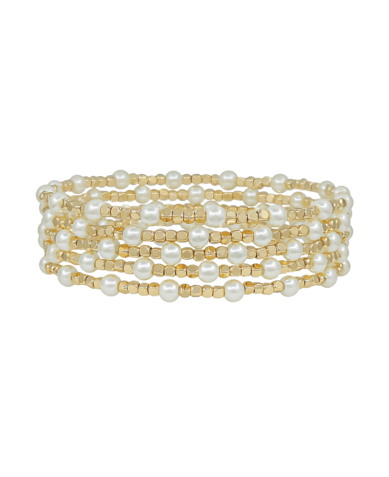 4mm Pearl & 2mm Square Metal Stretch Bracelet