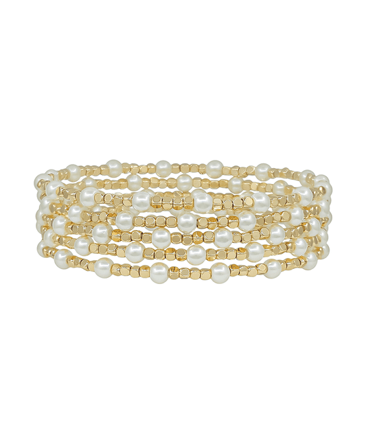 4mm Pearl & 2mm Square Metal Stretch Bracelet