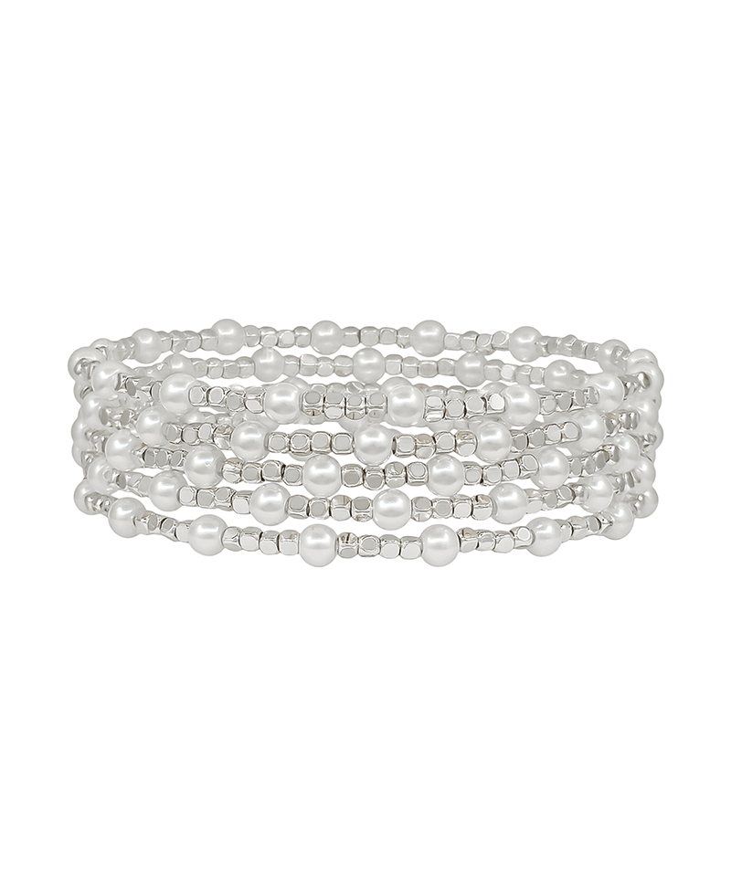 4mm Pearl & 2mm Square Metal Stretch Bracelet