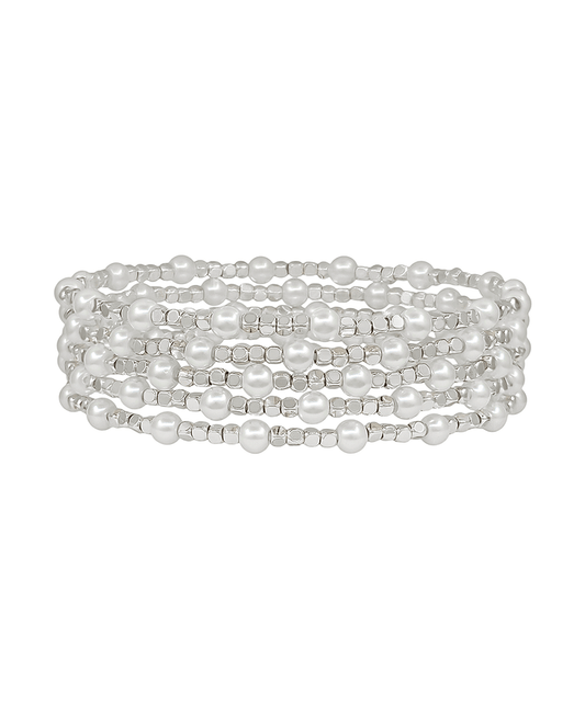 4mm Pearl & 2mm Square Metal Stretch Bracelet
