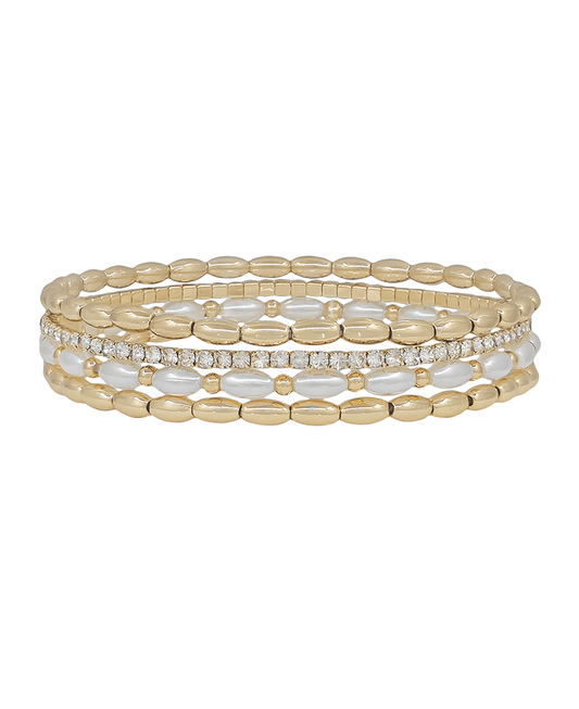 4 Set Oval Pearl Tennis Chain Stretch Bracelet