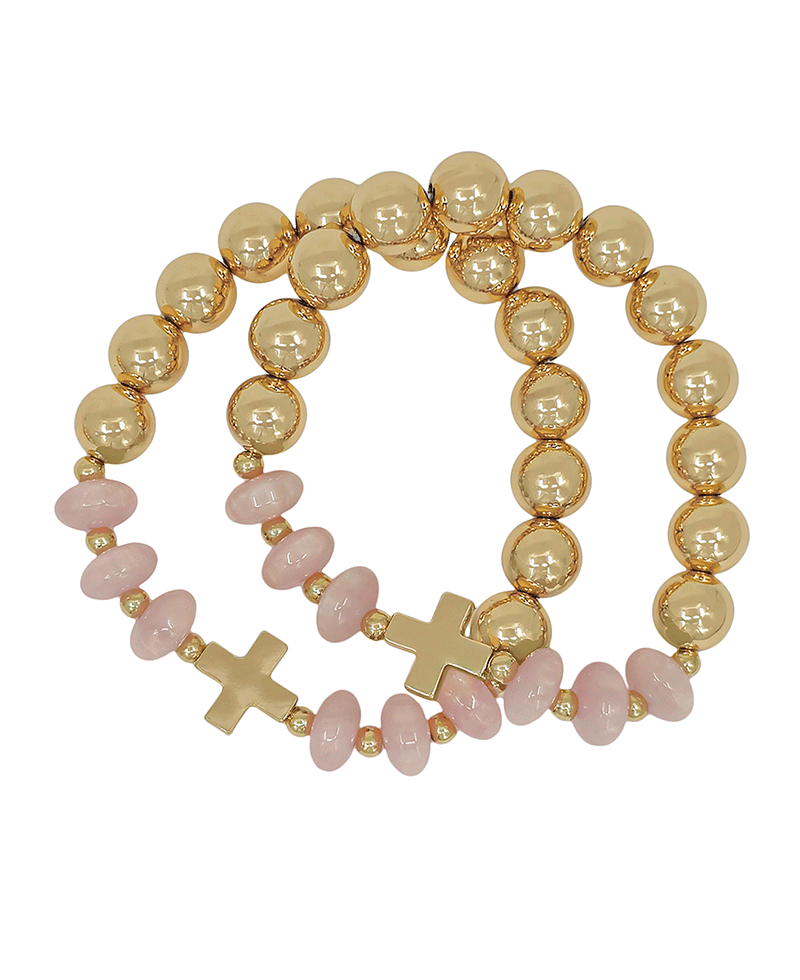 Cross Accent Candy Bead & 10mm CCB 2 Set Bracelet