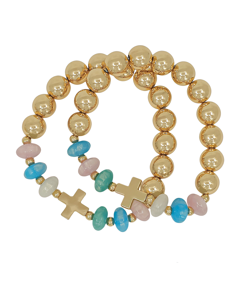 Cross Accent Candy Bead & 10mm CCB 2 Set Bracelet