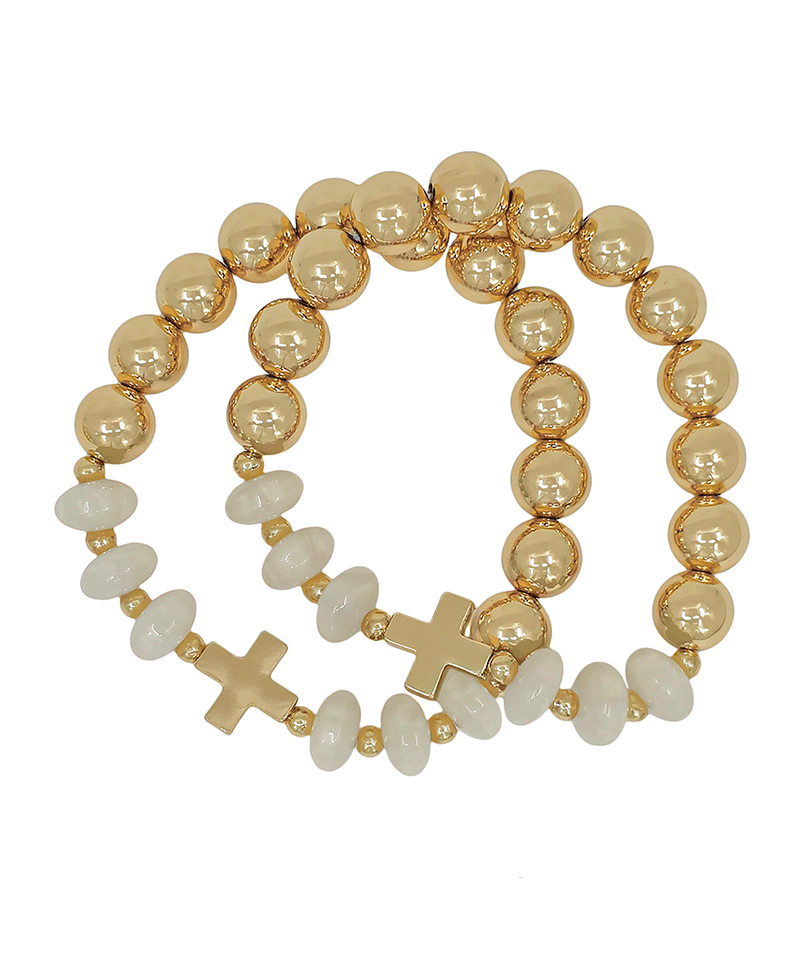 Cross Accent Candy Bead & 10mm CCB 2 Set Bracelet