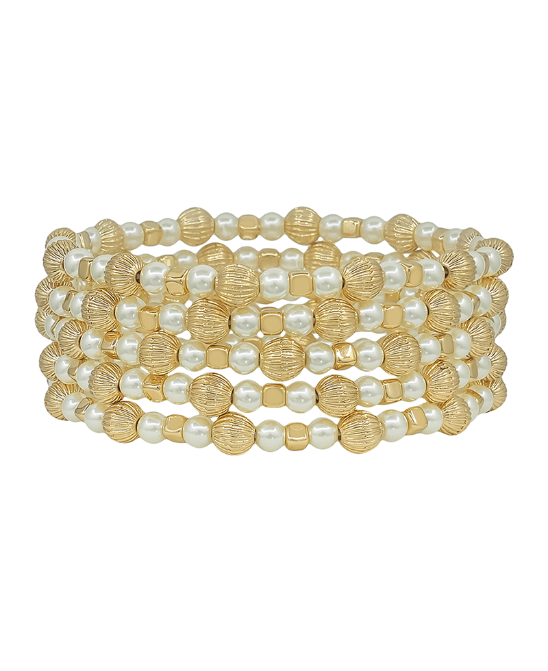 5mm Texture Ball & 4mm Pearl & Square CCB 5 Set Bracelet
