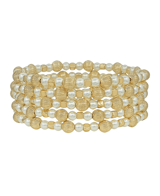 5mm Texture Ball & 4mm Pearl & Square CCB 5 Set Bracelet