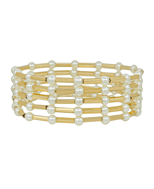 4mm Peark & Metal Bar 5 Set Stretch Bracelet