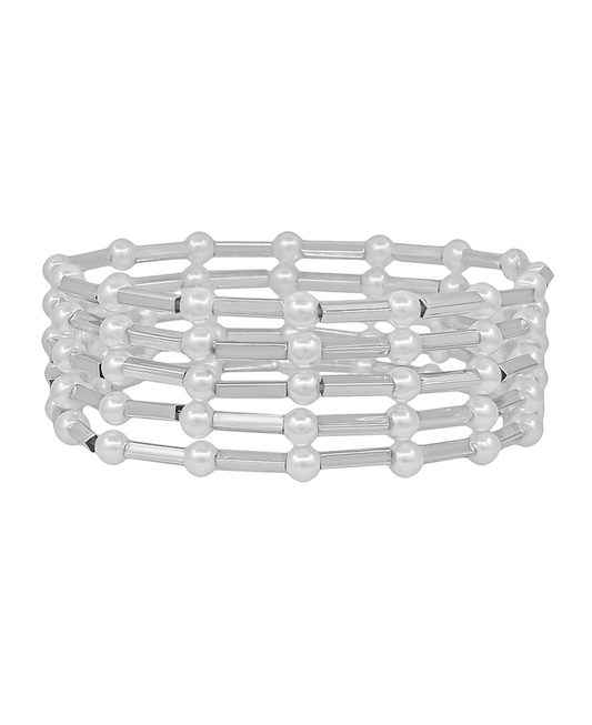 4mm Peark & Metal Bar 5 Set Stretch Bracelet