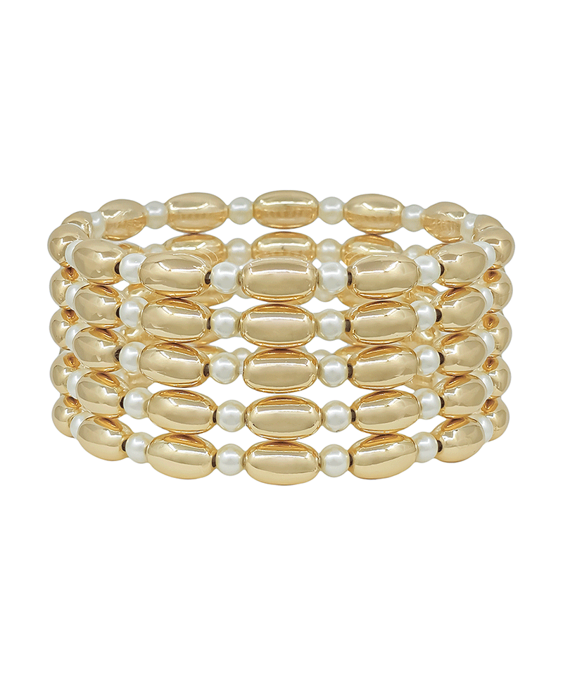 4mm Pearl & 10mm Oval CCB 5 Set Stretch Bracelet