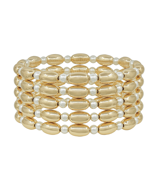 4mm Pearl & 10mm Oval CCB 5 Set Stretch Bracelet