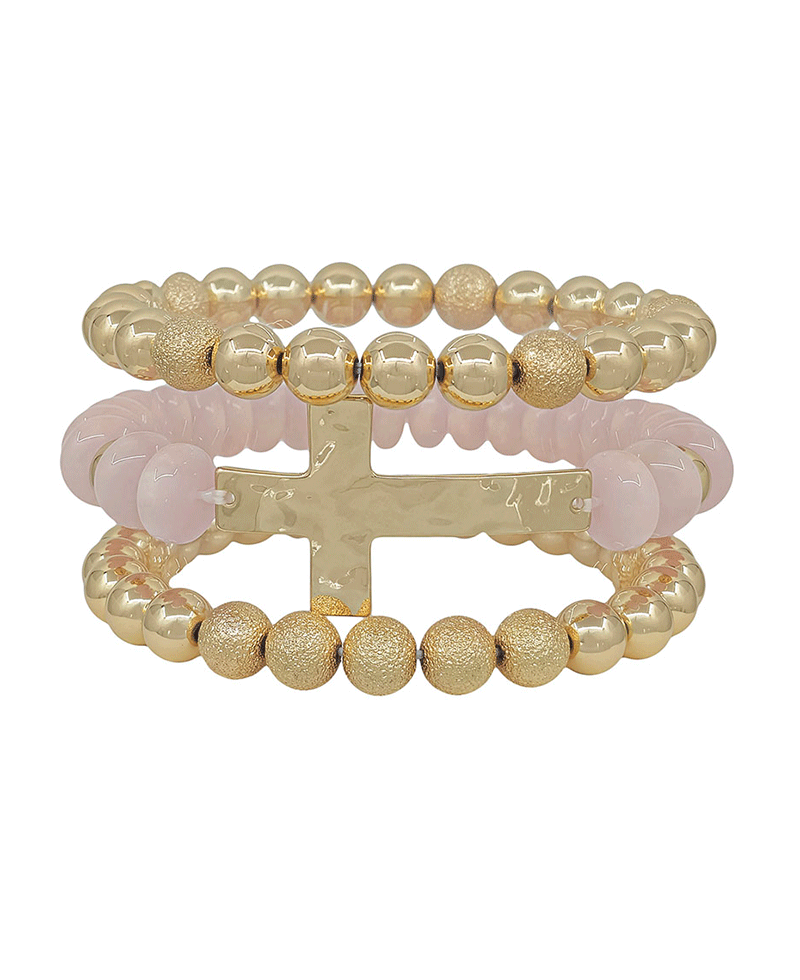 Clay Bead w/ Cross Metal & 8mm CCB 3 Set Bracelet