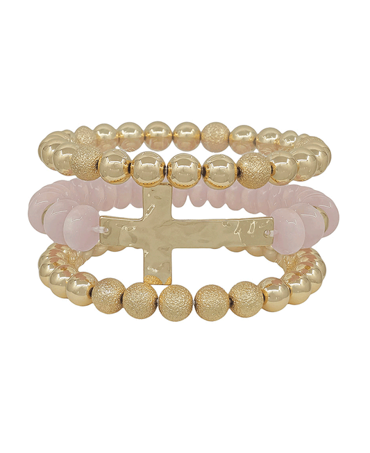 Clay Bead w/ Cross Metal & 8mm CCB 3 Set Bracelet