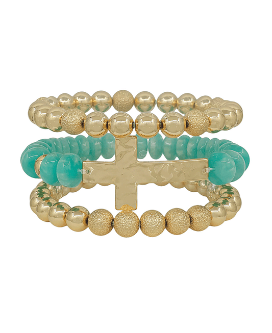 Clay Bead w/ Cross Metal & 8mm CCB 3 Set Bracelet