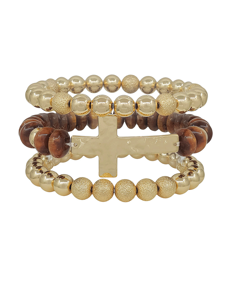 Clay Bead w/ Cross Metal & 8mm CCB 3 Set Bracelet