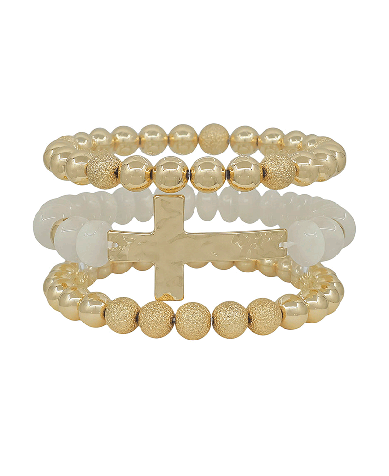 Clay Bead w/ Cross Metal & 8mm CCB 3 Set Bracelet