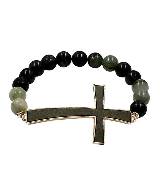 Natural Stone w/ Leather Cross Bracelet