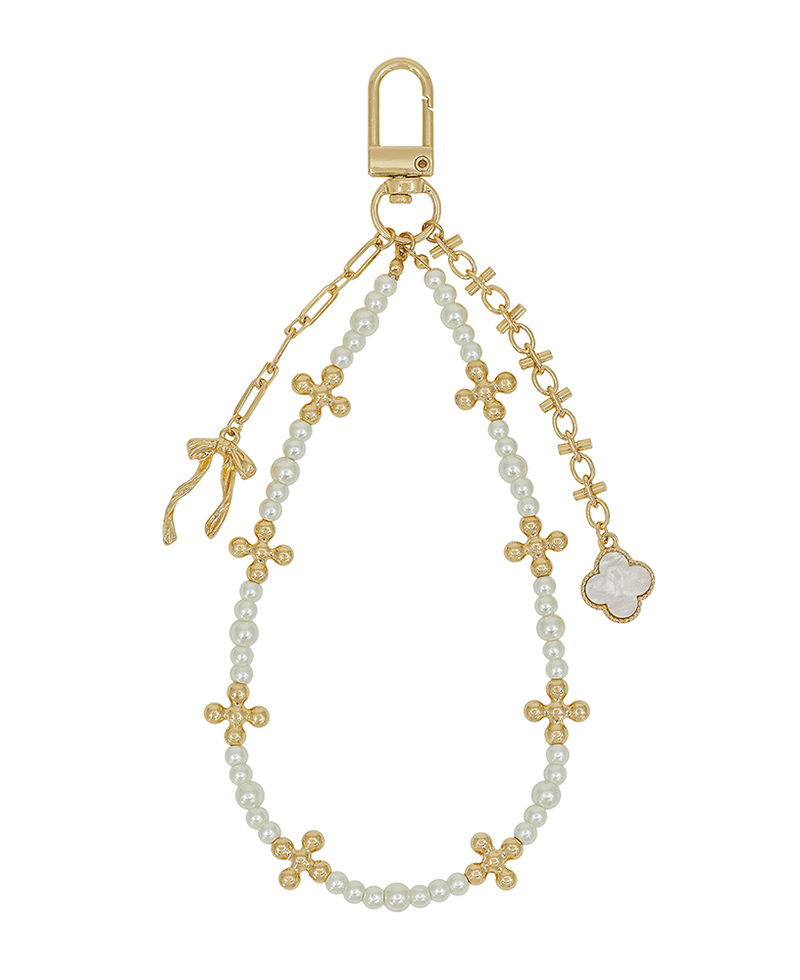 Pearl Cross Metal w/ Ribbon & Clover Bag Charm