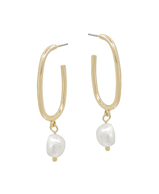 Oval Metal Hoop w/ Pearl Drop Earring