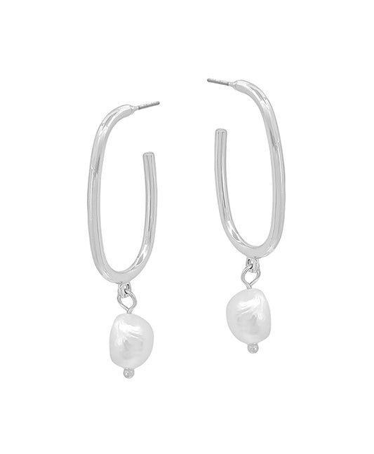Oval Metal Hoop w/ Pearl Drop Earring
