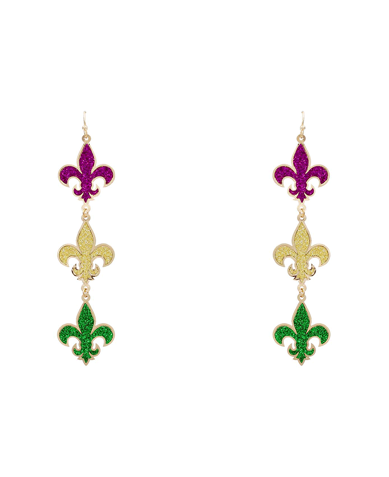Fleur De Lis Glitter Drop Earring - 3.8"