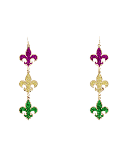 Fleur De Lis Glitter Drop Earring - 3.8"