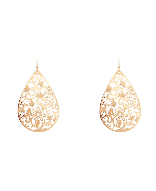 Brass Flower Filigree Teardrop Earring - 2.25"