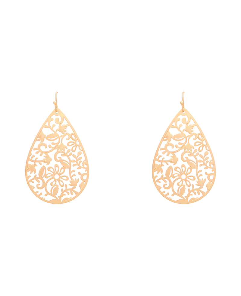 Brass Flower Filigree Teardrop Earring - 2.25"