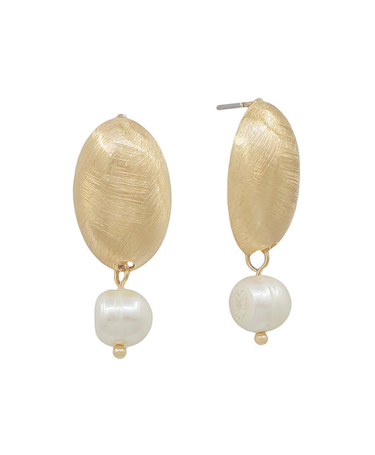 Oval Satin Metal Stud w/ Pearl Earring