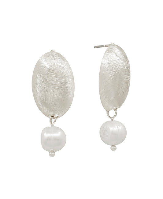 Oval Satin Metal Stud w/ Pearl Earring