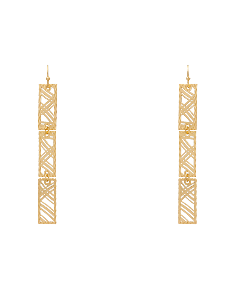 Rectangle 3 Lines Pattern Filigree 3 Drop Earring - 2.9"
